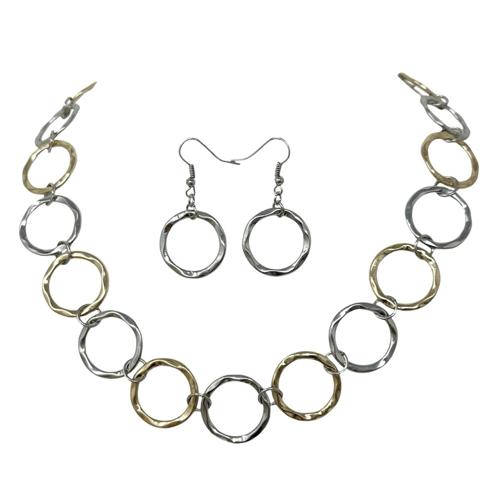 Simple Gold & Silver Tone Mixed Metals 2-Tone Hammered Rings Necklace